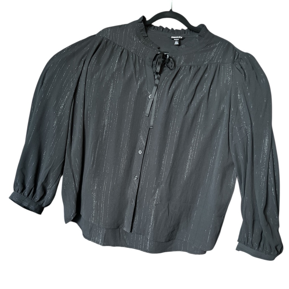 DKNY black lurex XXL semi sheer Blouse with vneck and sash